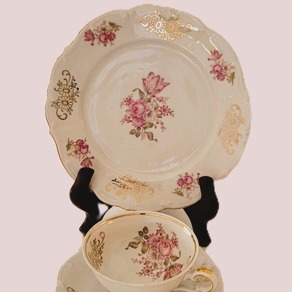 Bareuther Bavaria Pink Rose Design Set Cup Saucer Plate Back-stamp 1931-1950 - Picture 2 of 10